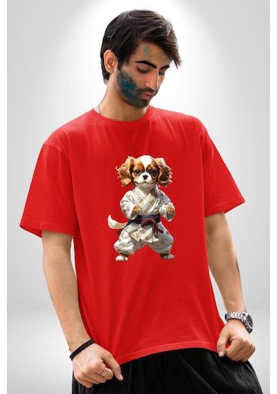 Cavailer King Charles Spaniel Karate Pamuklu Bisiklet Yaka Unisex Oversize Boyfriend Dijital Baskılı Kırmızı T-shirt Kırmızı
