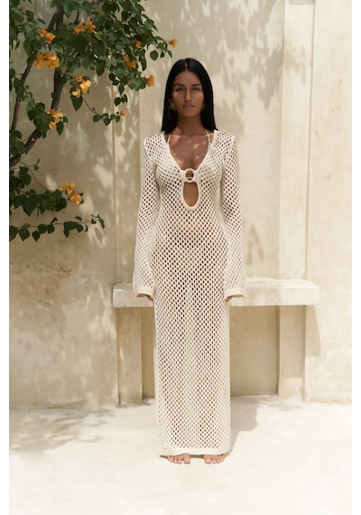 Mai Collection Mai Studios Co. Seyşeller Ahşap Halka Detay Bej Triko Elbise Bej