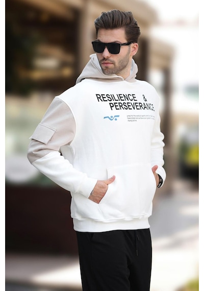 Madmext Ekru Kapüşonlu Cep Detaylı Baskılı Erkek Sweatshirt 7058-ekru Ekru