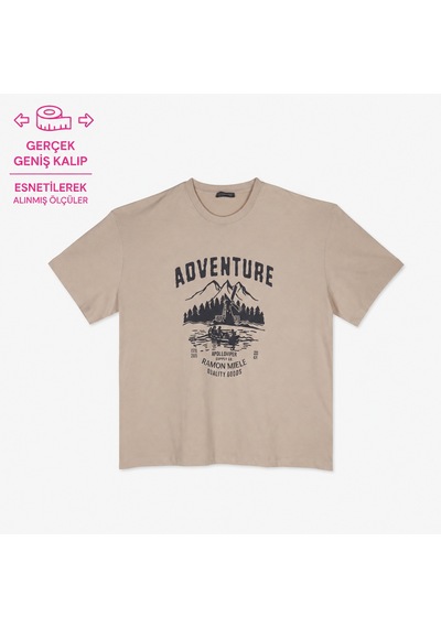 Büyük Beden Bisiklet Yaka Baskılı Erkek Tshirt Bej