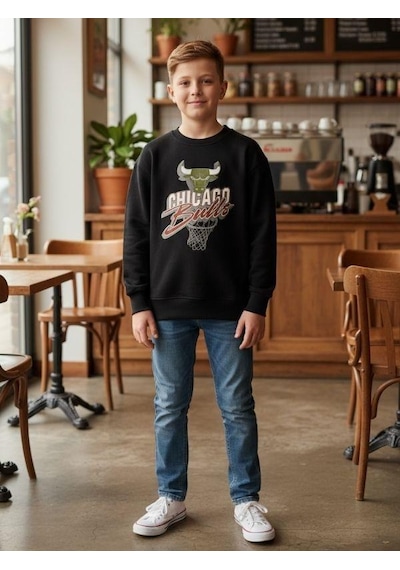Zekids Erkek Çocuk Chicago Bulls Yazılı Tasarım Sweatshirt-16396 Siyah