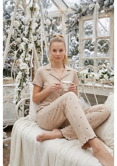 Cottonhill Vizon Kalp Desenli Pointel Gömlek Yaka Kadın Pijama Takımı