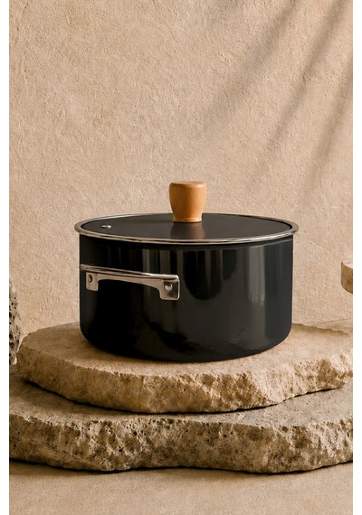Titan Cook Ahşap Kulplu,paslanmaz Saplı Siyah Süzgeçli Emaye Kızartma Tenceresi 22 Cm Siyah