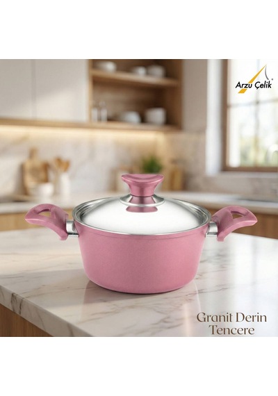 20 Cm Granit Derin Tencere Çelik Kapak - Mürdüm Mürdüm