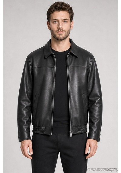 Freemen Erkek Kürklü Polo Yaka Oversize Suni Deri Ceket-423 Siyah