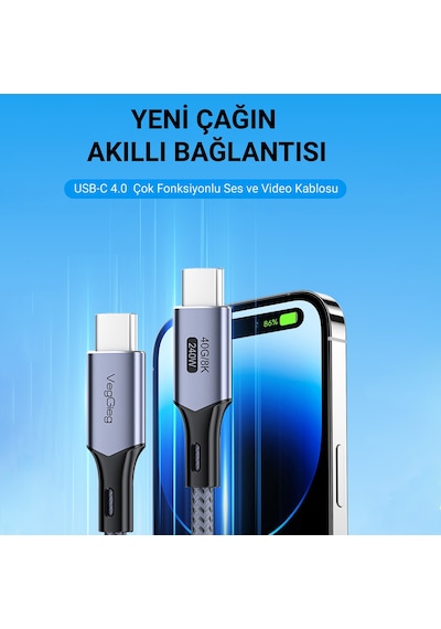 Veggieg Usb 4.0 E-mark 240w 40gbps Thunderbolt 4 8k 60hz Type-c Görüntü Hızlı Şarj Ve Data Kablosu 1 Metre