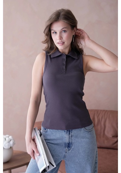 Park Karon Polo Yaka Kolsuz Basic T-shirt Füme