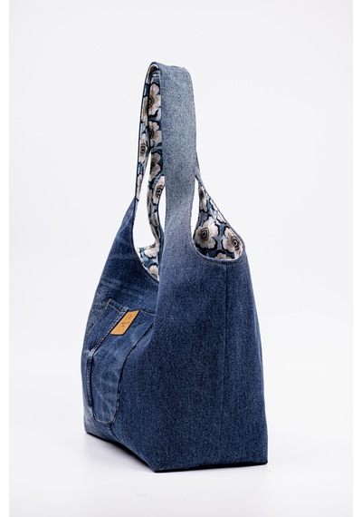 Fabric Craft Bag Omuz Çanta Pamuk Denim Lazer Efekt Yıkamalı Kot Lacivert