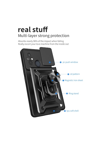 Xiaomi Redmi 10C Kılıf Pars Lens Sürgülü Yüzüklü Standlı Korumalı Kılıf