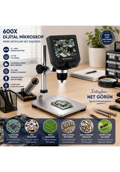 600x Dijital 4.3 İnç Lcd Ekranlı Hd Usb Mikroskop Elektronik, Takı Ve Eğitim İçin