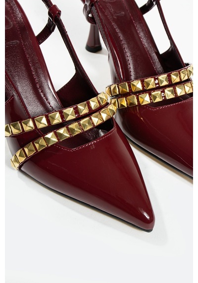 Duxal Shoes Davin Zımbalı Detay Bilek Bağlı Arkası Açık Kadın Klasik Topuklu Ayakkabı Bordo