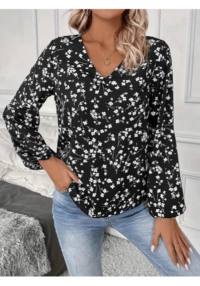 Moderie Butik Kadın Uzun Kollu V Yakalı Çiçek Desenli Modal Bluz Siyah