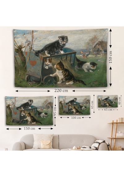 Julius Adam - Çayırda Arabada Oynayan Kedi Yavruları Duvar Örtüsü-7084
