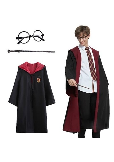 Harry Potter Gryffindor Kapişonlu Çocuk Kostüm + Asa + Gözlük Seti 7-8 Yaş 5691