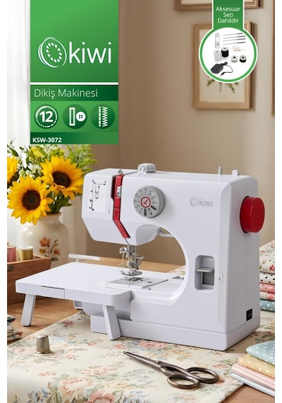 Kiwi Ksw-3072 Dikiş Makinesi 12 Desen & Çift İplik & Ayak Pedallı Beyaz