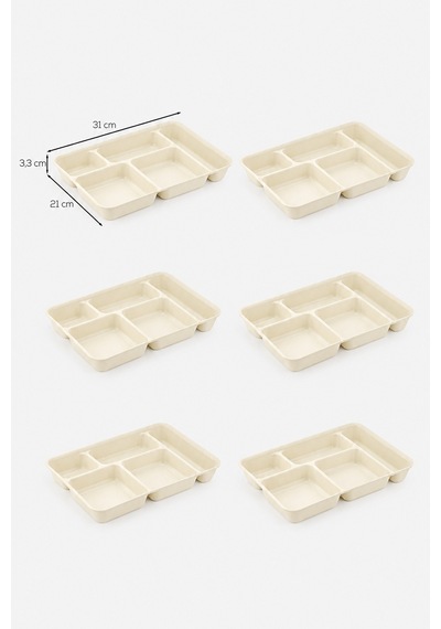 6 Adet 5 Bölmeli Bpa İçermez Lüks Plastik Piknik Yemek Servis Tabağı-tabldot Servis Tabağı Krem -21 31 3,5 Cm
