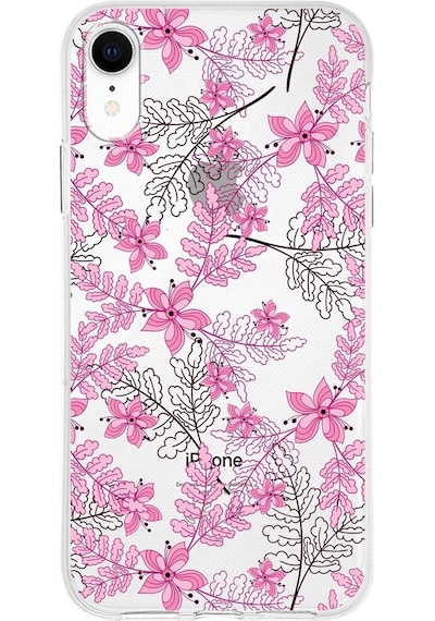 Apple Uyumlu iPhone Xr  Kapak Floral Pembe Tasarımlı Şeffaf Silikon Kılıf