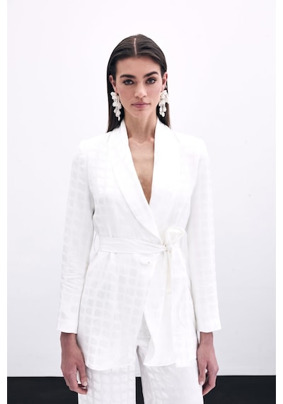 Sateen Kare Desenli Kuşaklı Ceket - Ekru-135791 Ekru