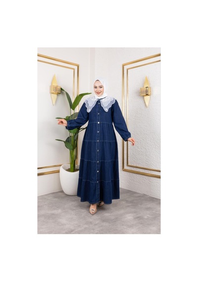 Hb Harma Time Butik Kadın Düğmeli Dantel Yaka Lacivert Kot Elbise Lacivert Lacivert
