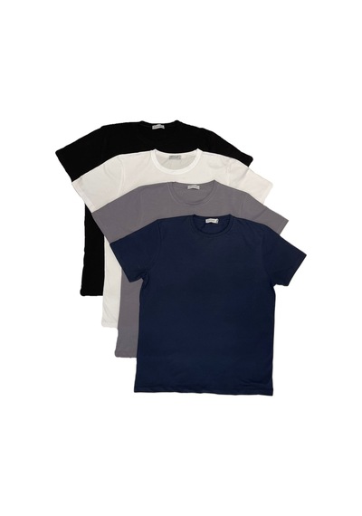 Erkek Slim Fit Dar Kesim Bisiklet Yaka Kısa Kol Pamuklu 4’lü Tişört Paketi Siyah Beyaz Gri Lacivert