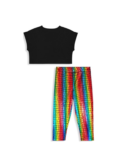 Denokids Renkli Varak Kız Çocuk Crop T-shirt Tayt Takım Çok Renkli