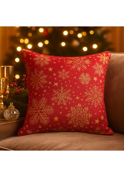 Kırmızı Yılbaşı Temalı Kırlent Kılıfı Kar Tanesi Desenli, Gold Detaylı 40 40 Cm 40 x 40