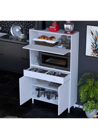 Vio 100x163,4x32.5 Cm Çek, Kapaklı, Ekmeklikli. Mini/midi Mikrodalga Mutfak Dolabı Beyaz