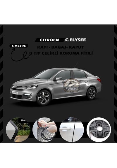 Citroen C-elysee Oto Araç Kapı Koruma Fitili 5metre Parlak Siyah Renk