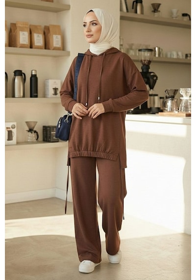 Bestenur Kapüşonlu Tunik Pantolon Takım 1682 - Kahve Kahverengi