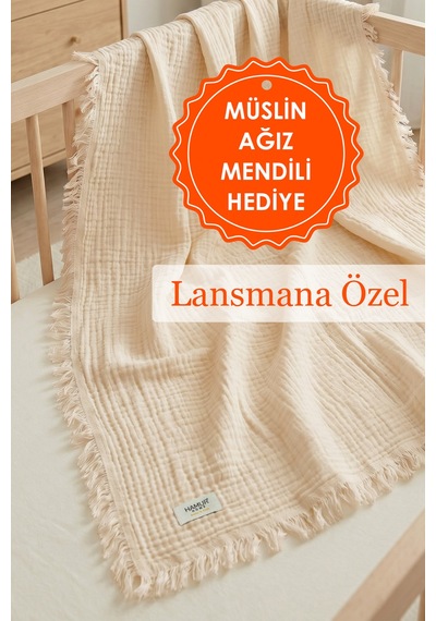 Bebek 4 Katlı Müslin Pike Örtü %100 Pamuk 2'li Ağız Bezi Hediyeli Yenidoğan 85x100 Battaniye Ekru