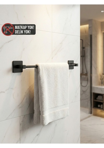 Yapışkanlı Siyah Paslanmaz Metal Banyo Havluluk 38 Cm - Modern Havlu Askısı Siyah Diğer