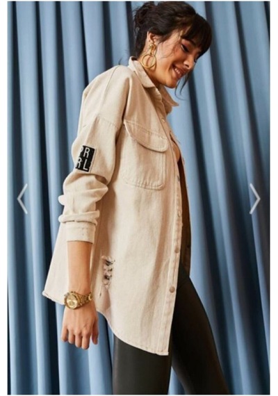 Esb Design Kadın Bej Boyfriend Oversize Eskitmeli Denim Jeans Kot Ceket