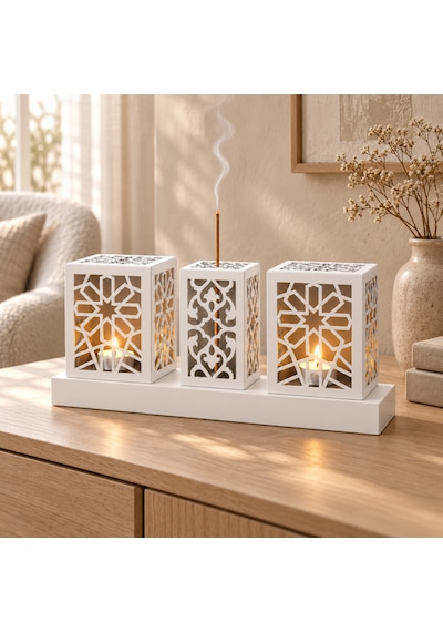 Lazer Kesim Metal Tealight Mumluk Ve Tütsülük Seti Geometrik Selçuklu Yıldızı Motifli Modern Ev Dekoru Benzersiz Masa Süsü Ve Hediye Beyaz