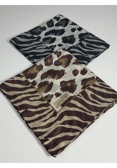 Sinem İndia Leopar Desen 2'li Eşarp -6294 Gri-taba