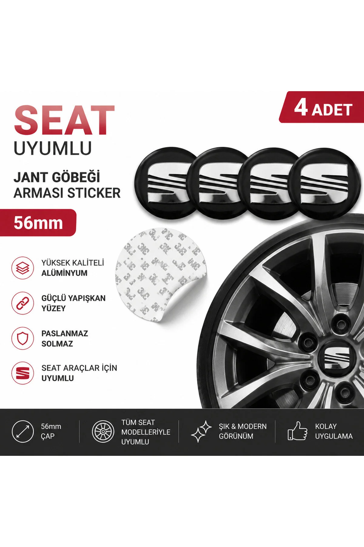 Seat Uyumlu Alüminyum Jant Göbeği Arması Sticker 56mm - 4 Adet