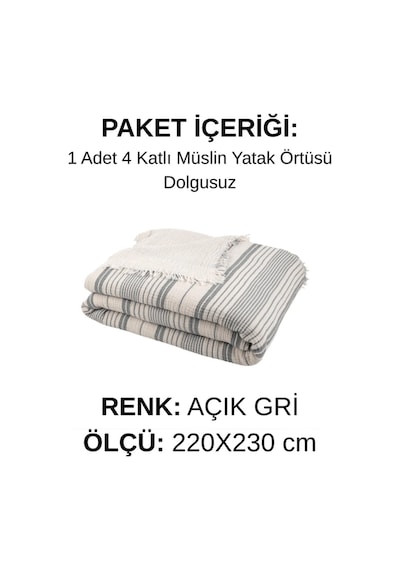 Natura Soft Ekru 4 Kat Müslin Çift Kişilik Yatak Örtüsü 220x230 Cm %100 Pamuk Çok Amaçlı Koltuk Örtüsü Ve Tv Battaniyesi Açık Gri