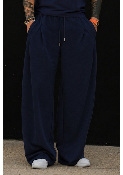 Tarz Cool Erkek Oversize Eşofman Altı Bağcıklı Rahat Kalıp Günlük Basic Jogger Pantolon Lacivert