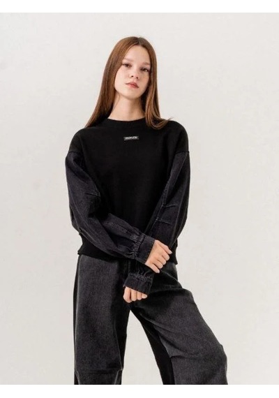 Kız Çocuk Mevsimlik Denim Kol 3 İplik Sweatshirt-14774 Siyah