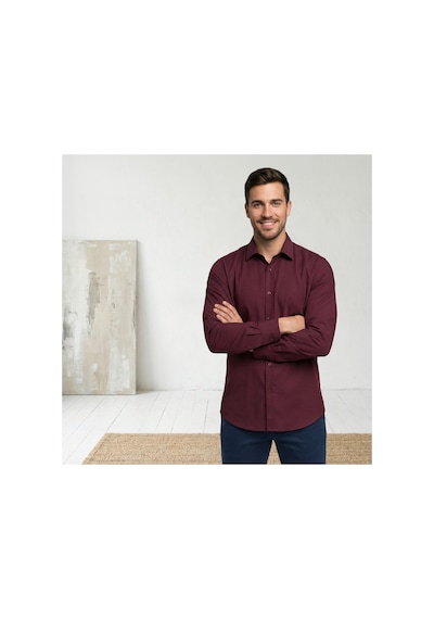 Yusaytr Slim Fit Uzun Kollu Pamuklu Gizli Düğme Yakalı Oxford Gömlek Bordo Bordo