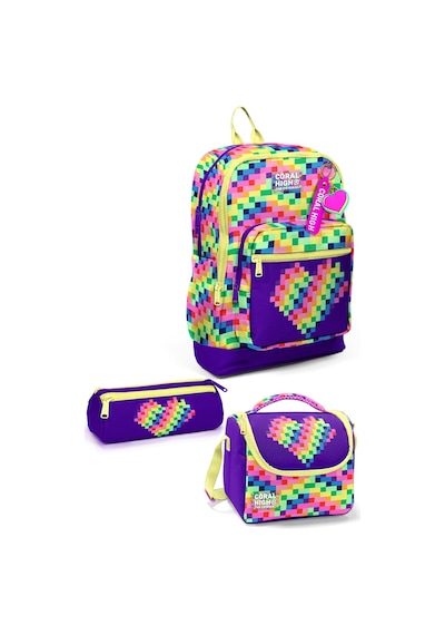 Coral High Kids Çok Renkli Piksel Kalp Desenli 3 Lü Okul Çanta Seti Set0133208 Pastel