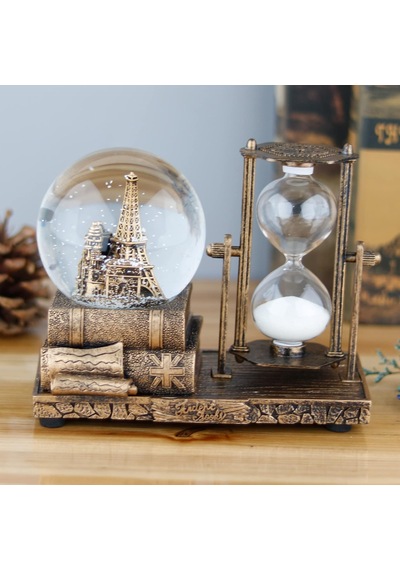 İsme Özel Müzikli Kar Küresi Ve Kum Saati Dekoratif Biblo Eiffel Kulesi Tasarımlı, 16x13x8 Cm