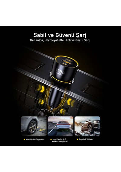 Aohi Araç İçi 3 Portlu 170w Şarj Cihazı, 140w Led Ekranlı Naylon Örgülü Süper Hızlı Şarj Kablosu