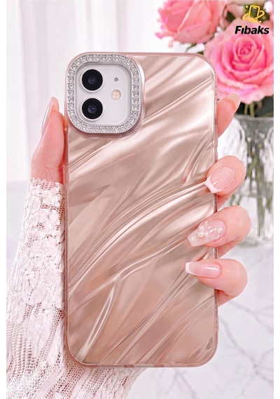 Fibaks iPhone 11 Uyumlu Kılıf Taşlı Parlak Dalga Desenli Kamera Çerçeveli Darbe Emici Korumalı Silikon Rose
