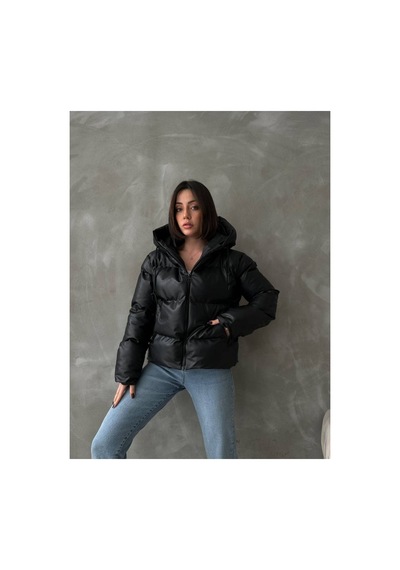 Meecy Kadın Siyah Kapüşonlu Şişme Deri Mont Black Black