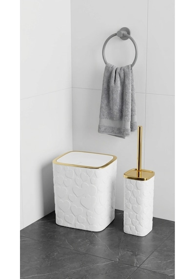 Makri Home 5 Parça Banyo Seti, Kalp Desenli, Beyaz Gold, Kare, Click Kapaklı, Hacim: 8 Litre Altın - Beyaz