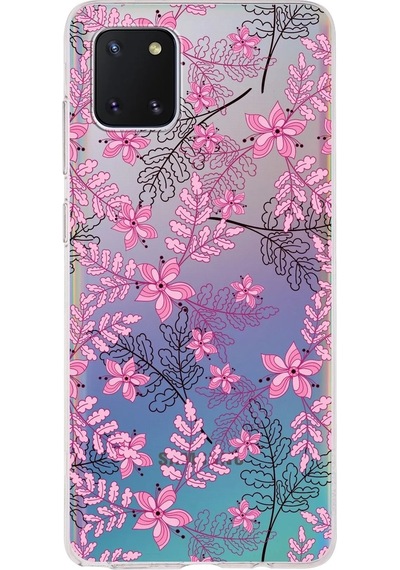 Samsung Galaxy A81 Uyumlu Kapak Floral Pembe Tasarımlı Şeffaf Silikon Kılıf