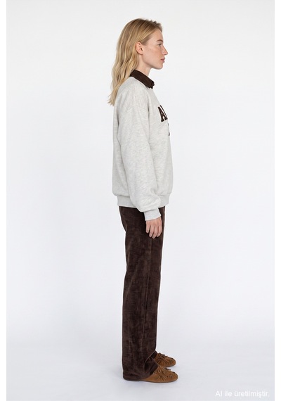 Quzu Polo Yaka Amore Nakışlı Oversize Sweatshirt Bejmelanj Bej - Kahverengi