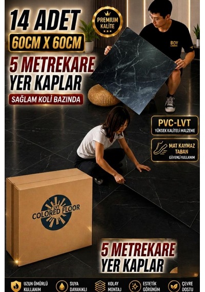 14 Adet 60x60cm Siyah Mermer Desenli Floor Pvc-lvt Yapışkanlı Yer Kaplama Parkesi Kauçuklu S74-p
