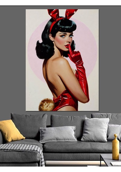 Ahşap Tablo Kırmızı Elbiseli Seksi Pin Up Kızı