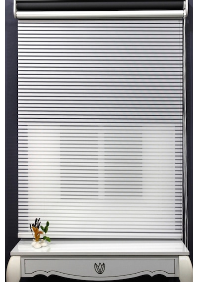 Çift Mekanizmalı Kalın Çizği Tül & Mat Gri Stor %90 Işıgı Kes er